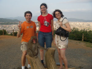 Japan (Aug 25- Sept 10 09) - Kyoto - Iwatayama Monkey Park - Jason, me, and Diana pose with a  monkey